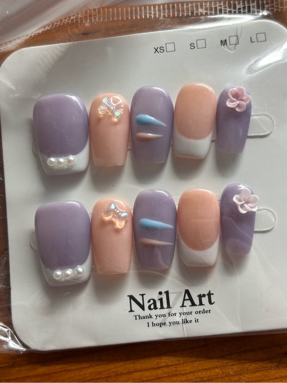 Pastel Lavender & Peach Press-On Nail Set with 3D Accents